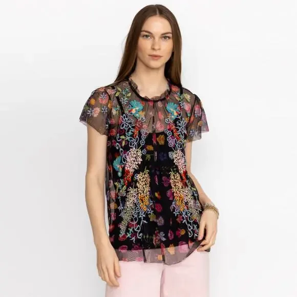 Johnny Was Floral Embroidered Black Mesh Short Sleeve Blouse Boho Whimsigoth - Picture 1 of 10